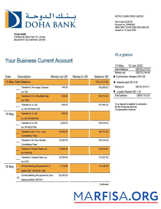 Printable Doha Bank organization checking account statement Word and PDF template